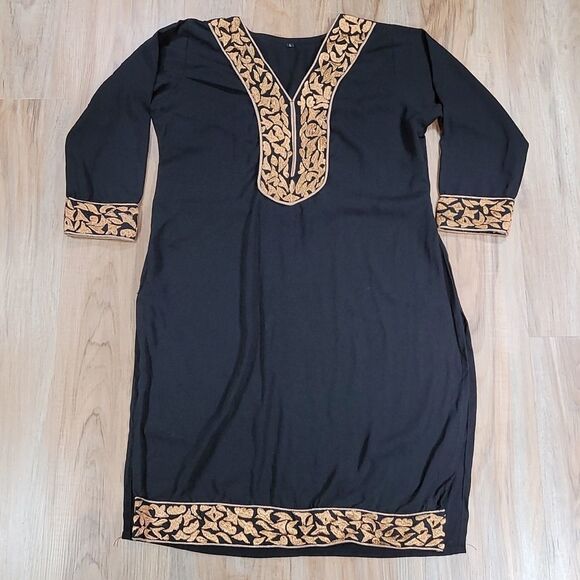 🔹️Black w/Bronze Embroidered Detail Swim Coverup Large - Picture 1 of 10